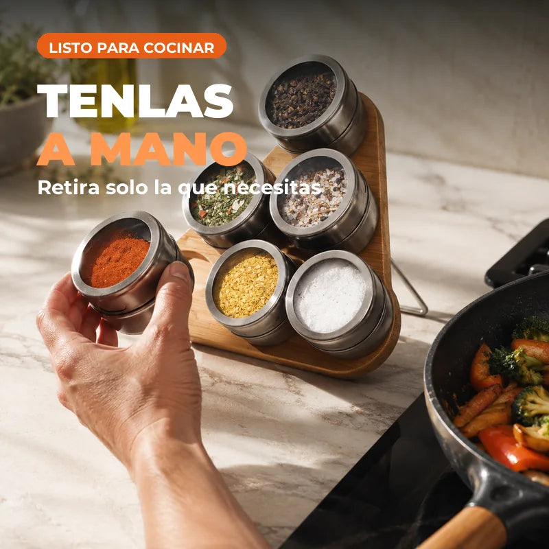 Condimentero con seis especias listo para usar en la cocina