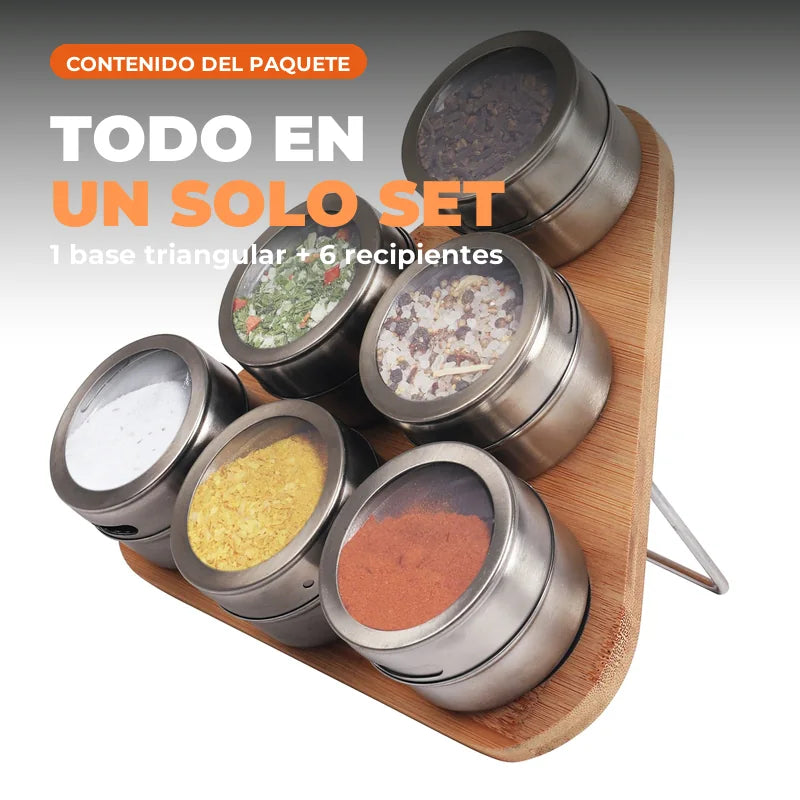 Base triangular con seis recipientes para especias