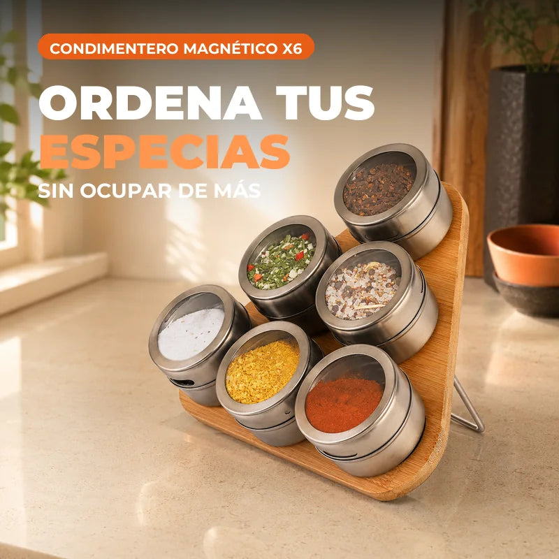 Condimentero magnético X6 organizado en una cocina cálida
